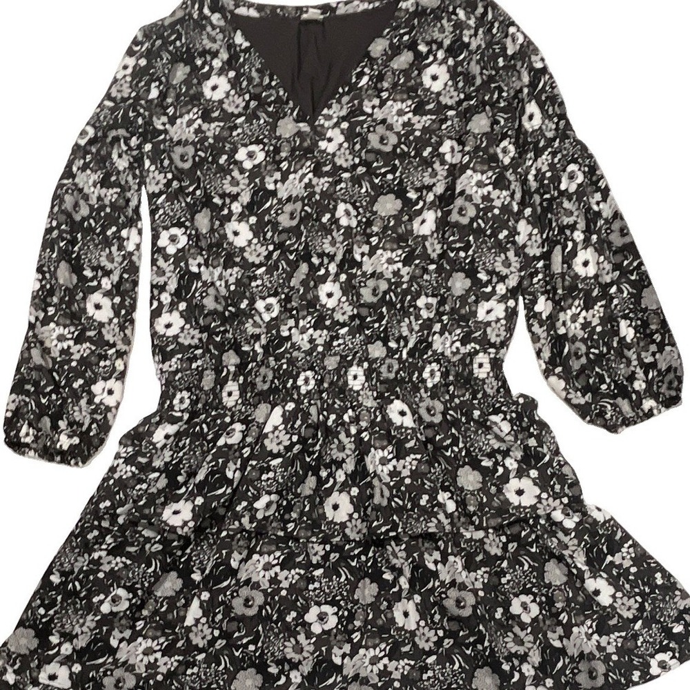 Gap Women Black White Floral V-Neck Tiered Long Sleeve Mini Dress Large